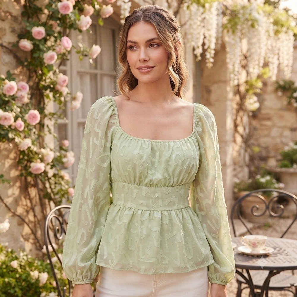 A.CALIN Flying Tomato Sage Green Texture Peplum Top Balloon Sleeve Cottage Core